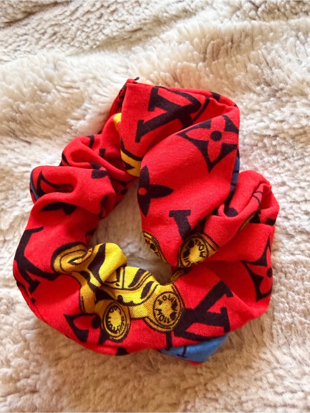 Red Scrunchie with Black Print and Yellow Accent